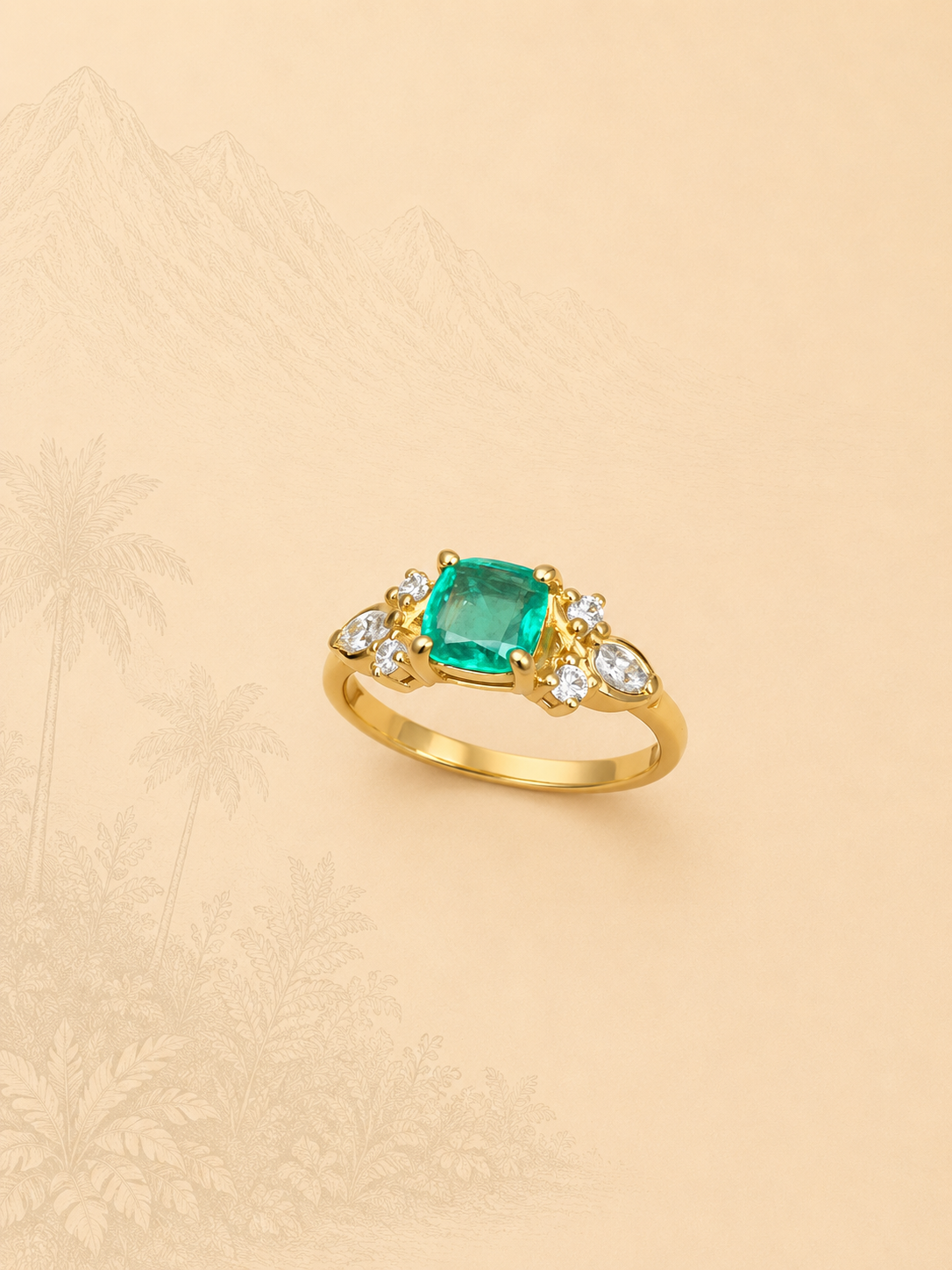 ANILLO ESMERALDA CENTRAL Y DIAMANTES EN FIGURAS